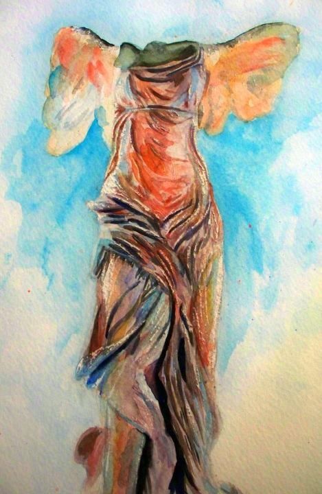 Watercolor, statue of Nike, greek goddess of victory Greek Statue Painting, Greek Watercolor, Statue Of Nike, Watercolor Statue, Nike Drawing, Greece Mythology, Winged Victory Of Samothrace, Winged Victory, Mermaid Statues