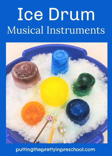 Easy to set up ice drum musical instruments that can be played indoors or outside any time of the year. Preschool Music Theme, Preschool Music Activities, Music Activities For Kids, Daycare Themes, Music For Toddlers, Winter Music, Homemade Instruments, Theme Activities, Sensory Crafts