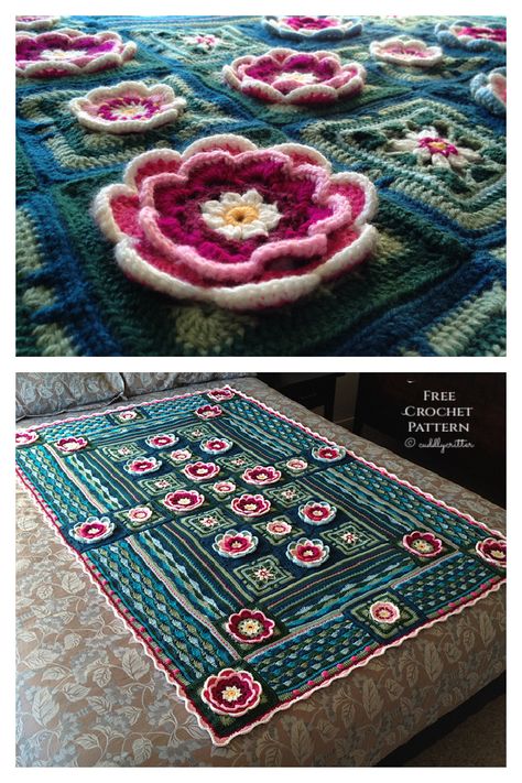 Lily Pond Blanket Free Crochet Pattern - DIY Magazine Monet Crochet Blanket, Lily Pond Crochet Blanket, Crochet Pond Blanket, Crochet Lily Pad Blanket, Water Lily Crochet Pattern Free, Lily Pad Blanket, Water Lily Crochet Pattern, Lotus Granny Square, Crochet Lilypad