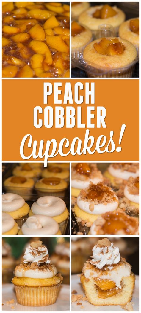 PEACH COBBLER CUPCAKES — Along for the Baking Cobbler Cupcakes, Brown Sugar Cream Cheese Frosting, Peach Cobbler Cupcakes, Cupcakes Stuffed, Buttermilk Cupcakes, Peach Compote, Gourmet Cupcakes, Peach Recipe, Good Eat