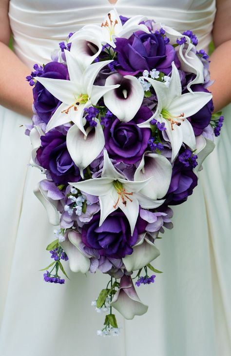 Cascade Wedding Bouquet, White Wedding Flowers Bouquet, Lavender Hydrangea, Silk Flower Bridal Bouquet, Purple And Gold Wedding, Purple Calla Lilies, Purple Bridal Bouquet, Bridal Bouquet Peonies, Tiger Lilies