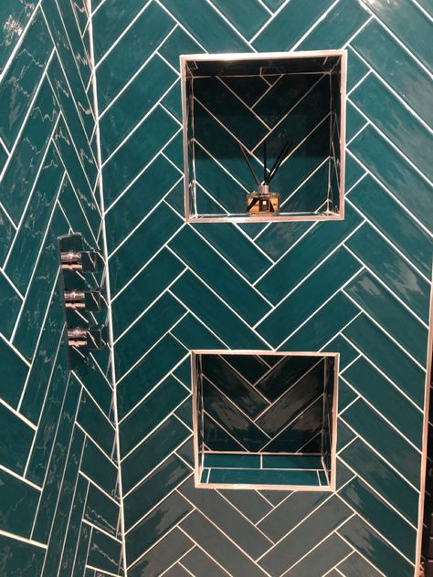 Peacock herringbone tiles Peacock Eggs, Herringbone Bathroom, Herringbone Tile Bathroom, Herringbone Tiles, Suite Ideas, Dark Green Aesthetic, Herringbone Tile, Bathroom Tiles, Green Aesthetic