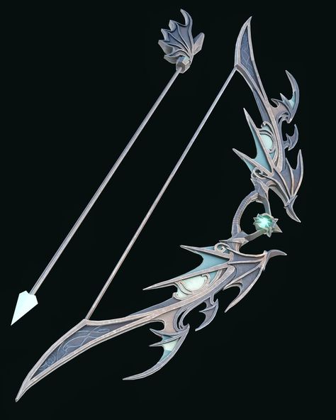 Dragon Bow And Arrow, Beautiful Bow And Arrow, Cool Bows Archery, Fantasy Longbow Art, Bow Art Fantasy, Angelic Bow And Arrow, Bow And Arrow Character Design, Metal Bow And Arrow, Crystal Bow And Arrow