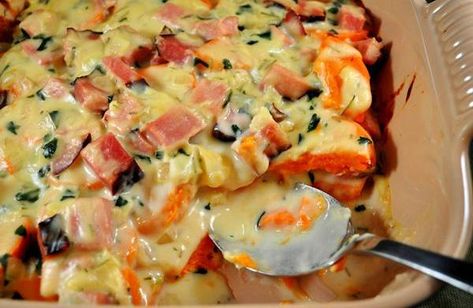 Tonight’s Dinner: Sweet potato & ham casserole recipe – SheKnows Christmas Dinner Casserole Recipes, Potato Ham Casserole, Ham Casseroles, Dinner Sweet Potato, Ham Casserole Recipes, Ham Leftovers, Scalloped Sweet Potatoes, Ham Dishes, Tonights Dinner