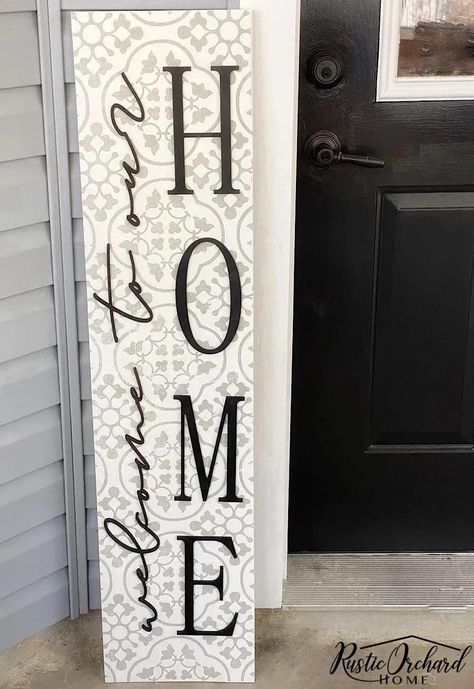 Make your own Spring front porch décor! This DIY "Welcome To Our Home" Porch Leaner tutorial is beginner friendly and affordable. Welcome To Our Home Porch Sign, Welcome To Our Home Porch Leaner, Tall Front Porch Sign, Home Sweet Home Porch Sign, Diy Wood Signs Ideas Front Porch, Front Porch Leaner, Welcome Signs For Front Door Diy, Leaning Porch Signs, Front Porch Diy Decor