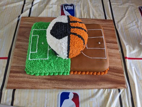 Basketball and soccer cake. Soccer And Basketball, Soccer Birthday Cakes, Curly Hair Pictures, Soccer Cake, Basketball Cake, Nephew Birthday, Soccer Birthday, Hair Pictures, 10th Birthday