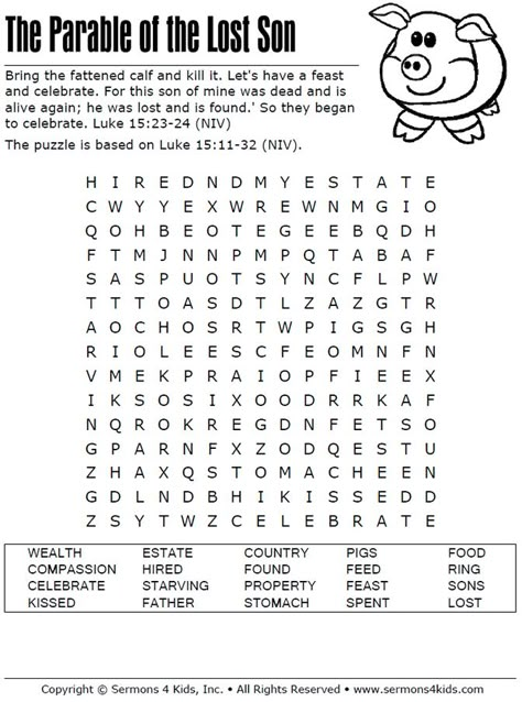 The Lost Son - Word Search Puzzle Parable Of The Lost Son, Bible Mazes, Bible Word Searches, Sunday School Projects, Preschool Bible Lessons, Childrens Sermons, Children's Church Crafts, Bible Activities For Kids, Bible Story Crafts