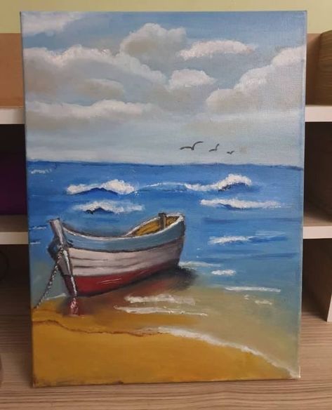 Stylized Painting, Tropical Beach Painting, Seashore Paintings, Tupac Art, Peisaj Abstract, Cute Easy Paintings, Beach Scene Painting, Beach Art Painting, Boat Drawing