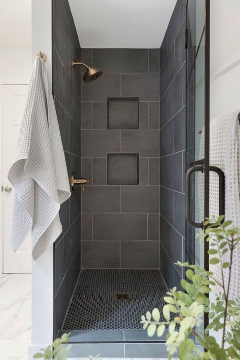 Tonka Snack Chute Bath Reveal | Before & After 9 Charcoal Gray Shower Tile, Dark Gray Tile Shower Ideas, Hexagon Tile Tub Surround, Slate Gray Tile Bathroom, Bathroom Black Shower Tile, Contrasting Bathroom Tiles, Black Master Shower Ideas, Small Masculine Bathroom Ideas, Dark Bathroom Shower Tile