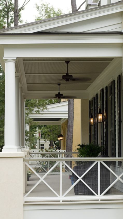 Southern front porch - ceiling & railings Cottage Photos, Southern Front Porch, Front Porch Railings, Patio Railing, Traditional Porch, Southern House, Railing Ideas, Cottage Exterior, Porch Entry