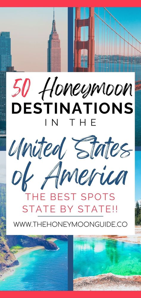 Looking for the ideal U.S. honeymoon? Discover the best honeymoon destinations in the USA state by state - romance, scenery, history and adventure await! Whether it's a luxurious stay in New York, a sun-soaked beach escape in California, or a mountain retreat in Montana or a dream USA honeymoon in Hawaii - we've found the best honeymoon hotels in the USA and the top things to do in the United States. Start your journey with these USA honeymoon destinations. Click to read or pin for later! ✈️🤍 Honeymoon Usa Destinations, Vacation Ideas For Couples United States, Us Vacations For Couples, Romantic Destinations United States, Montana Honeymoon, Budget Honeymoon Destinations, Honeymoon Ideas Romantic, Affordable Honeymoon Destinations, Las Vegas Honeymoon