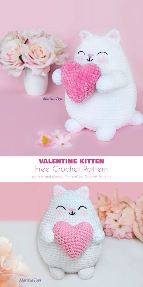 Easy Crochet Projects Valentines Day, Crochet Valentine Cat Pattern Free, Crochet Heart Cat Pattern Free, Crochet Amigurumi Valentines Day, Free Cat Pattern Crochet, Crochet Valentine Decor Patterns, Valentine’s Crochet Patterns, Crochet Gifts For Valentines Day, Crochet Pattern Valentines Day