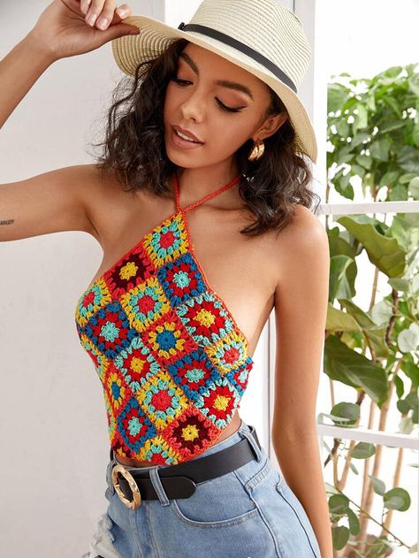 Geo Pattern Crochet Cover Up | SHEIN USA Top En Crochet, Diy Crochet Top, Crochet Clothes Boho, Crochet Tank Tops, Crochet Halter Top, Crochet Bedspread Pattern, Crochet Cover, Crochet Knit Stitches, Easy Crochet Patterns Free