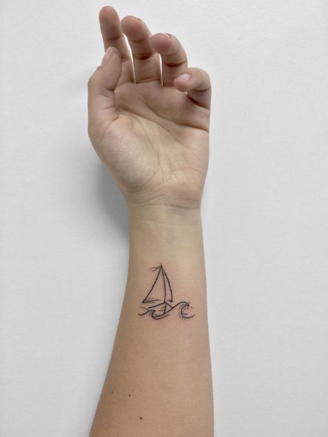 Sailboat Tattoo Simple, Small Travel Tattoo, Small Travel Tattoos, Tattoo Ideas Travel, Watercolor Bike, Tattoos For Women Unique, Travel Tattoo Ideas, Small Geometric Tattoo, Sailboat Tattoo