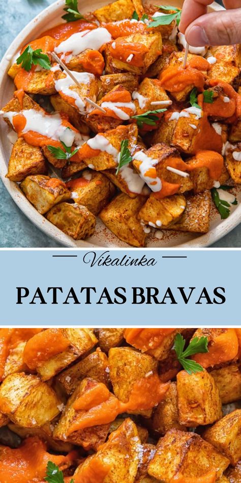 Easy Patatas Bravas Recipe, Easy Spanish Recipes, Spanish Potatoes, Tapas Menu, Fried Potato, Spain Food, Tapas Recipes, Spanish Dishes, Out Of Reach