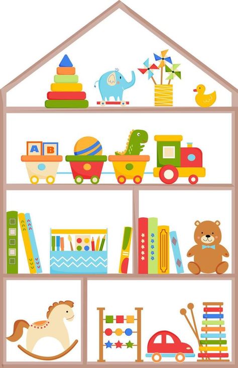 Rack with toys and books. Kids toys on wooden shelves. Teddy bear, train, car, doll, dino, cubes, elephant, rocket, boat, xylophone, pyramid. Vector illustration. White background Toy Car Illustration, Teach English To Kids, Dino Toys, Dinosaur Birthday Cakes, Teach English, Shop Illustration, Car Illustration, Toy Shop, Train Car