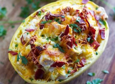 14 Spaghetti Squash Bowl Recipes to Try - PureWow Chicken Bacon Ranch Spaghetti Squash, Chicken Bacon Ranch Spaghetti, Bacon Ranch Spaghetti, Ranch Spaghetti, Spaghetti Squash Recipes Chicken, Easy Spaghetti Squash, Baked Spaghetti Squash, Chicken Spaghetti Squash, Spaghetti Squash Recipes