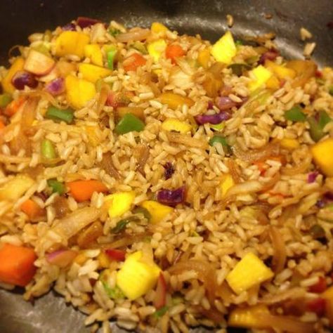 Mango Fried Rice, Stick Rice And Mango, Brown Fried Rice Healthy, Mango Sticky Rice With Jasmine Rice, Vegan Pineapple Fried Rice Recipe, Fried Brown Rice, Chopped Carrots, Low Sodium Soy Sauce, Cooking Art