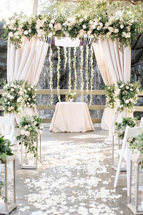 elegant wedding decor bridal arch decorated with white fabric greenery and flowers jenny quicksall photography Elegant Wedding Decor, Wedding Chuppah, Ceremony Outdoor, Popular Wedding Colors, Wedding Indoor, Wedding Alters, Best Wedding Colors, Wedding Color Trends, Church Wedding Decorations