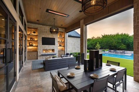 Backyard Patio Designs With Tv, Covered Patio Tv Wall, Patio Tv Wall, Patio Entertainment Ideas, Outdoor Tv Area, Porch Goals, Patio Tv, Hardscape Patio, Villa Ideas