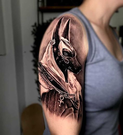 Anubis Half Sleeve Tattoo Anubis Tattoo Design Ideas, Anubis Tattoo Design, Hand Tattoo Images, Fierce Tattoo, Horus Tattoo, Egyptian Deities, Egyptian Tattoo Sleeve, Anubis Tattoo, Lion Head Tattoos