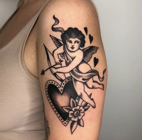 Cupid American Traditional Tattoo, Cherub Angel Tattoo Traditional, Angel American Traditional Tattoo, American Traditional Rib Tattoo, American Traditional Cherub, Cupid Tattoo Traditional, New Romantics Tattoo, Cherub Tattoo Traditional, Traditional Tattoo Aesthetic