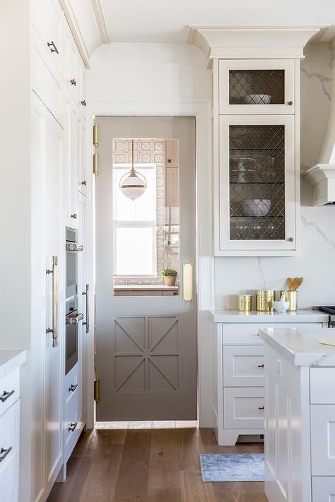 Painted Pantry Doors, Benjamin Moore Edgecomb Gray, Painted Pantry, Edgecomb Gray, Cabinets Painted, Glass Panel Door, Pantry Door, Grey Cabinets, Kitchen Doors