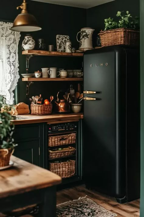 How To Achieve The Dark Cottagecore House Aesthetic - The Complete Guide Unique House Aesthetic, Cottagecore Kitchen Aesthetic Vintage, Dark Cottage Kitchen, Moody Vintage Kitchen, Whimsy Goth House Decor, Dark Boho Home, Small Moody Kitchen, Dark Moody Interior Design, Dark Academia House Aesthetic