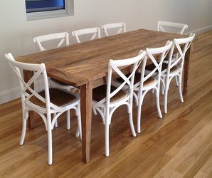 Coastal Dining Chairs, Neutral Coastal Decor, Rustic Dining Set, Hamptons Style Homes, Timber Dining Table, Hampton Style, White Chairs, Timber Table, Crossback Chairs