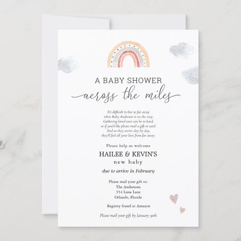 Baby Shower Across the Miles Invitation | #babyshower #showerbymail #acrossthemiles #longdistance #showerfromafar #travel #far #rainbow #rainbowbaby #clouds Long Distance Baby Shower Invitations, Baby Shower By Mail Invitation, Miles Baby, Shower By Mail Invitation, Baby Shower By Mail, Shower By Mail, Parents To Be, Baby Due, Watercolor Rainbow