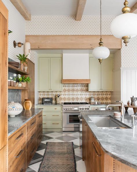 Cortney Bishop Design on Instagram: “it’s all within range 💫💫 #cbdislandbohemian” Bohemian Style Kitchen, Green Kitchen Designs, Bungalow Kitchen, Kitchen Floor Tiles Ideas, South Carolina Homes, Galley Kitchens, Green Cabinets, Galley Kitchen, Style Deco