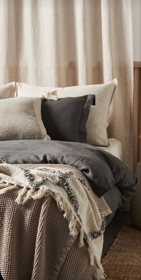 Black And Tan Bed Set, Grey On Grey Bedding, Dark Bed Sheets Ideas, Black Gray Taupe Bedroom, Charcoal And Beige Bedding, Dark Cozy Bedding, Dark Bedding Sets, Gray Bed Spread, Dark Layered Bedding