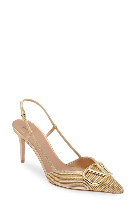 Valentino Garavani VLOGO Signature Pointed Toe Slingback Pump available at #Nordstrom Leather Texture, Slingback Pump, Metallic Leather, Valentino Garavani, Women's Pumps, Designer Shoes, The Row, Leather Upper, Bag Accessories