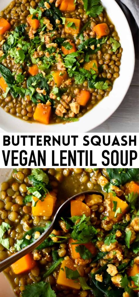 This butternut squash lentil soup recipe is made with cilantro, lime juice and walnuts. It's a fall dinner idea and an amazing comfort food. Make it for a hearty, delicious AND vegan dinner idea! Butternut Squash Lentil Soup, Squash Lentil Soup, Vegan Squash Soup, Lentil Soup Crockpot, Butternut Squash Lentil, Vegan Lentil Soup Recipes, Butternut Squash Vegan, Vegetarian Lentil Soup, Frozen Butternut Squash