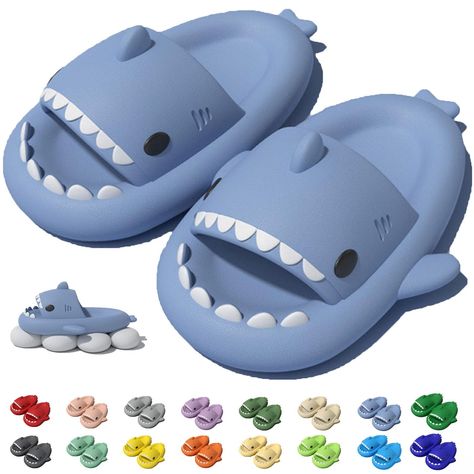 PRICES MAY VARY. Cute Shark Design: Each slipper has authentic shark features - the replicated sharp teeth, to the fins to the wide set eyes! These slippers carry so many detail compared to an actual shark! These slippers are perfect for the shark-obsessed fan. High-quality Material: The whole shark cloud slippers are made of high-density premium EVA material which has excellent flexibility and durability, lightweight, soft, comfortable, breathable and water-resistant, with good cushioning and e Shark Slides, Couples Home, Stylish Couples, Shark Slippers, Shark Design, Pool Shower, Animal Slippers, Shower Shoes, Beach Shower