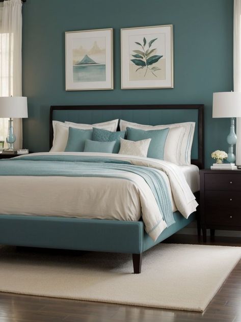 Add a touch of sophistication to your bedroom with an accent wall painted in a serene shade of teal. Pair it with neutral-colored furniture and decorative accessories to create a stylish, harmonious ambiance. Transform your bedroom into a tranquil oasis with a calming teal accent wall. Complement it with crisp white furnishings and soft, muted tones for a serene and rejuvenating atmosphere. Bedroom Teal Accents, Teal Bedroom Accent Wall, Dark Teal Accent Wall Bedroom, Teal Bedroom Accents, Teal Accent Wall Bedroom, Teal Accent Wall, Teal Bedroom Walls, Teal Wall Colors, Bedroom Teal