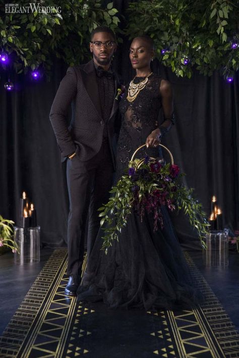 Regal Black Panther Wedding Theme | ElegantWedding.ca #regalweddinginspiration #weddingreceptiondecor #weddingthemeideas #weddingbouquet Wakanda Themed Wedding, Black Panther Wedding Theme, Black Panther Wedding, Moody Black Wedding, Wakanda Party, Panther Photo, All Black Wedding, Black Wedding Theme, Black People Weddings