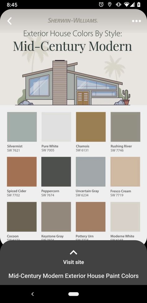 Midcentury Exterior Colors, Mid Century Modern Exterior Colors, Midcentury Modern Exterior Paint, Mcm Exterior Paint Colors, Mcm Paint Colors, Mid Century Exterior Paint Colors, Mid Century Modern Exterior Paint Colors, Mid Century Modern Ranch Exterior, Mid Century Modern Exterior Paint