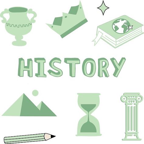 Back to school with the cutest Light Green History subject stickers. Perfect gift for a kid, tween, teen or any age!  Check out my portfolio for all the individual subject versions as I roll them out! History text, Urn, Grown, Royals, Pyramids, Hour glass, Column, and a World History Book. • Millions of unique designs by independent artists. Find your thing. History Binder Cover Aesthetic, History Design Ideas, Sampul Binder, Subject Stickers, History Stickers, School Binder Covers, History Subject, School Book Covers, School Binder