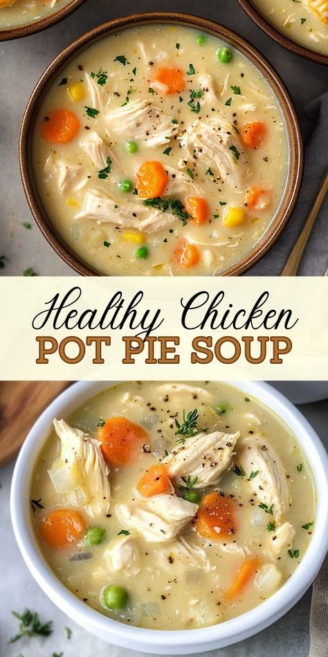 Healthy Chicken Pot Pie Soup Ingredients: 2 tablespoons olive oil 1 lb boneless, skinless chicken breasts (about 2 larger breasts) 1 cup celery, diced 1 cup carrots, cut into 1/4 inch thick small circles 1 cup onion, finely chopped 1/2 tablespoon garlic, finely minced 2 cups Yukon Gold potatoes, peeled and cut into 1-inch pieces 1 cup Yukon Gold potatoes, peeled and cut into quarters for blending 1/4 teaspoon pepper 1/4 teaspoon salt 1/4 teaspoon dried parsley Easy Chicken Pot Pie Soup, Healthy Pot Pie, Healthy Chicken Pot Pie Soup, Hearty Fall Soups, Fall Soups And Stews, Chicken Pot Pie Soup Recipe, Crockpot Chicken Pot Pie, Healthy Chicken Pot Pie, Fall Dinners