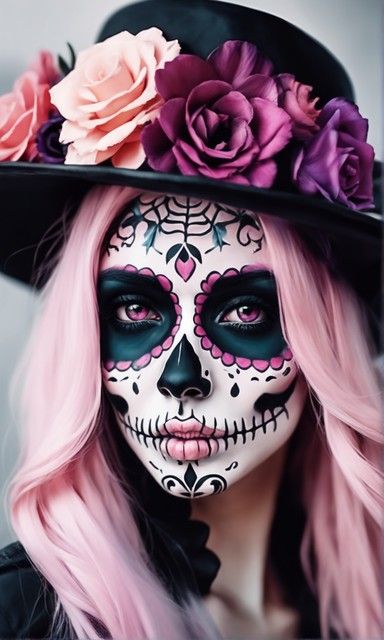 Candy Skeleton Makeup, Sugarskulls Makeup Halloween, Halloween Skull Costume, Sugar Skull Face Paint For Women, Pink Sugar Skull Makeup, Pink Catrina Makeup, Easy Skull Face Paint, Sugar Skull Costume Outfit Diy, Sugarskull Facepainting