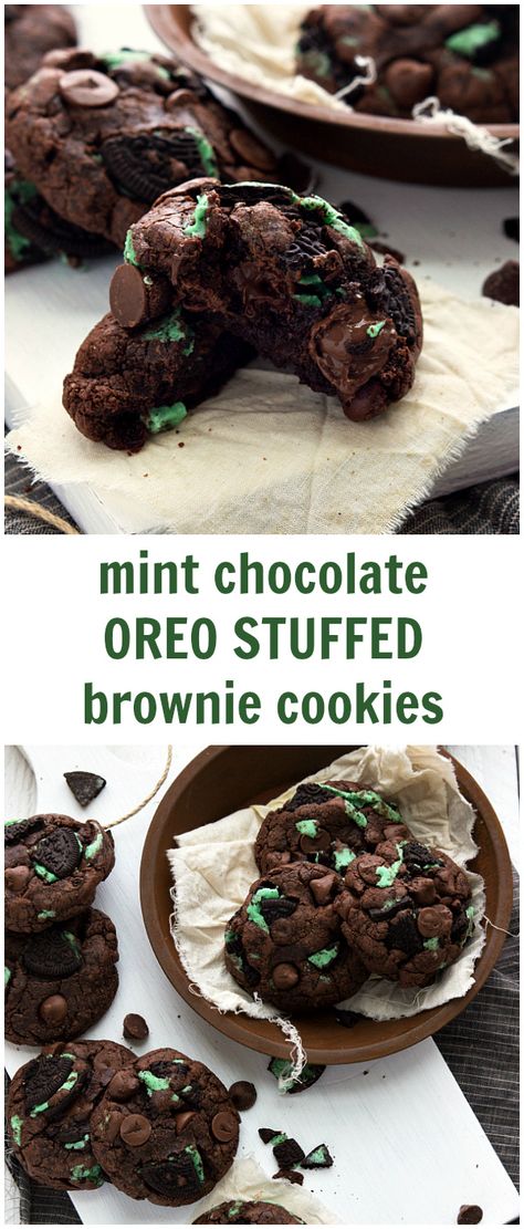 7-ingredient Mint Chocolate Oreo Stuffed Brownie Cookies Mint Desserts, Mint Chocolate Chip Cookies, Chelsea's Messy Apron, Mint Oreo, Cookie Christmas, Chocolate Oreo, Mint Recipes, Mint Chocolate Chip, Cookies Christmas