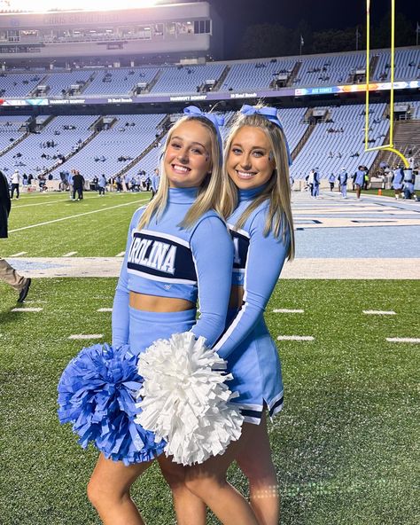 North Carolina Cheerleaders, Light Blue Cheer Uniforms, College Cheer Uniforms, Blue Cheer Uniforms, Unc Cheerleaders, Blue Cheerleader Uniform, Nca Cheer, Unc College, Cheerleading Picture Poses