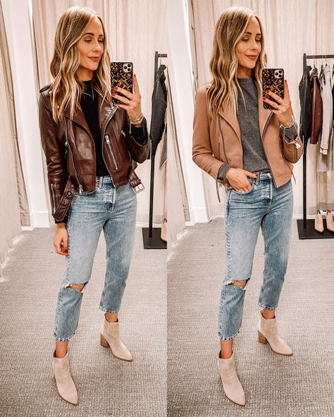 Booties Outfit Fall, Brown Leather Jacket Outfit, Womens Leather Jacket Outfit, Camel Leather Jacket, Fall Jackets Outfit, Suede Jacket Outfit, Fall Leather Jacket, Moto Jacket Outfit, Jacket Outfit Women