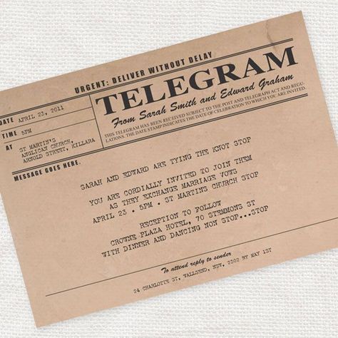 telegram wedding invitation PRINTABLE - 1920s antique wedding invite, rustic wedding invitation, typewriter wedding invitation, 1930s invite Telegram Invitations, Roaring 20s Invitation, 20s Invitation, How To Age Paper, Vintage Invitations, Antique Wedding, Rustic Invitations, Vintage Style Wedding, Vintage Wedding Invitations