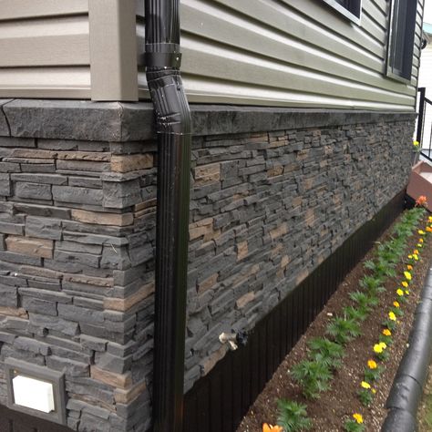 Quality Stone - Dark Brown - Ledge Trim Faux Siding Exterior, Rock Skirting On House, Stone And Siding House Exterior, Trailer Skirting Ideas, Shed Skirting Ideas, Mobile Home Skirting Ideas, Stone Panels Exterior, Rock Siding, House Skirting