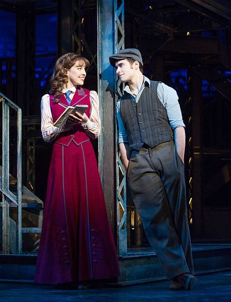 Liana Hunt as Katherine Plumber & Corey Cott as Jack Kelly in Newsies. Newsies Costume, Harvey Fierstein, Jack Kelly, Broadway Costumes, Theatre Geek, Theatre Costumes, Broadway Musicals, Newsies, Theatre Kid