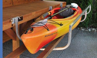 Dock Side Cradle - The easy way to get in and out of your kayak or canoe when you lack beach area! River Dock, Kayak Equipment, Dock Ideas, 1000 Lifehacks, Kayak Storage Rack, Lakehouse Ideas, Boat Docks, Lake Fun, Lake Dock