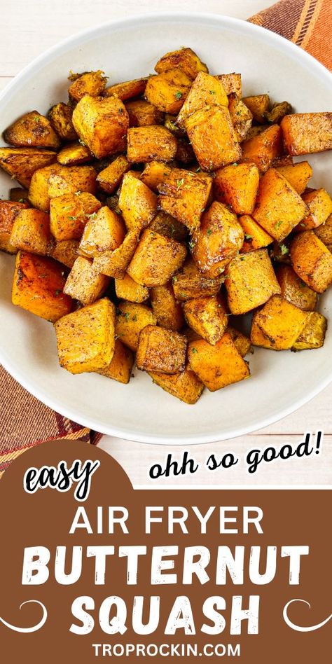 This air fryer butternut squash recipe is so easy and soo yummy! Sweetened with brown sugar and allspice, serve up this air fryer butternut squash with any of your fall meals. Perfect side dish for your Thanksgiving dinner too! While your oven is working, put your air fryer to work making brown sugar air fryer butternut squash! Roast Whole Butternut Squash, Air Fryer Butternut Squash, Butternut Squash Sweet, Butternut Squash Recipe, Butternut Squash Cubes, Honey Cinnamon, Cinnamon Recipes, Air Fry Recipes, Squash Recipe