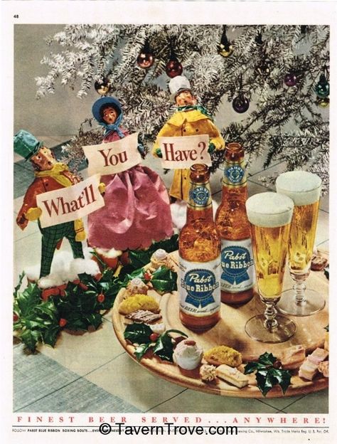 Pabst Blue Ribbon Beer Christmas Alcohol, Christmas Advertising, Pabst Blue Ribbon Beer, Beer Advertising, Christmas Beer, Beer Prints, Beer Ad, Pabst Blue Ribbon, Christmas Ad